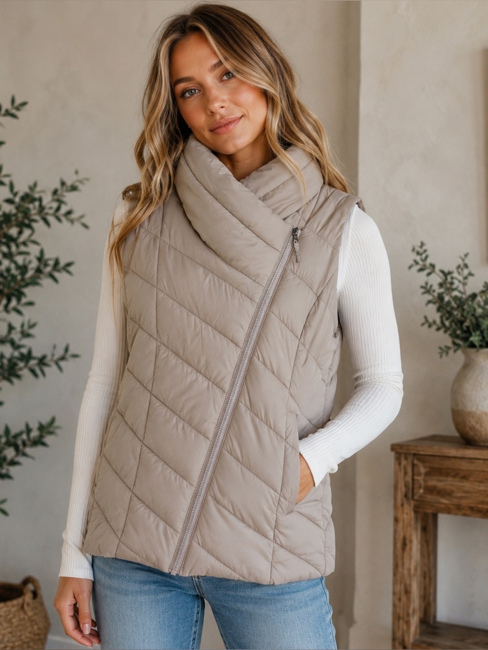 Cole Haan C.R. Cignal Asymmetrical Puffer Vest Beige Quilted Size L Warm